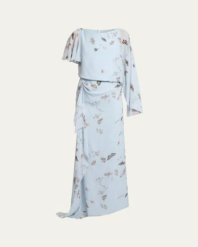 Erdem Garden-print Draped Chiffon Gown In Blue