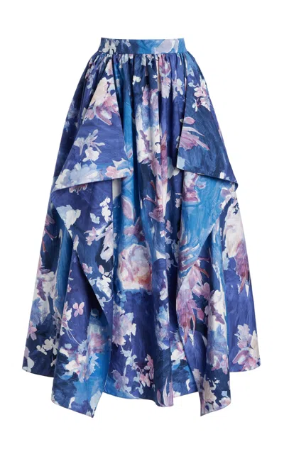 Erdem Gathered Cotton Midi Skirt In Blue