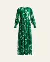 Erdem Gathered Floral Long Sleeve Silk Gown In Carnation Cyanotype