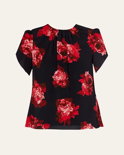 Erdem Gathered Floral Print Top In Rossini Rose Black