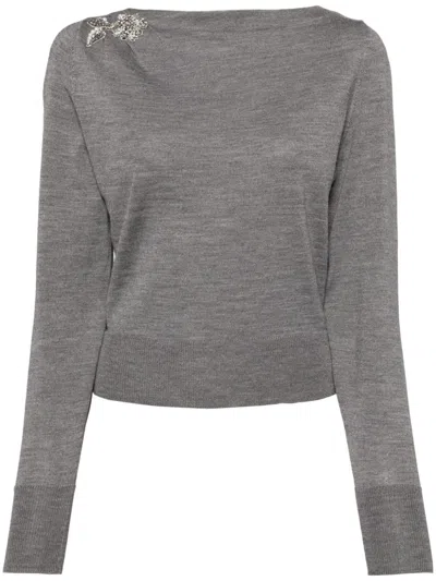 Erdem Glass Crystal Embellishment Wool Knitted Top In Grey