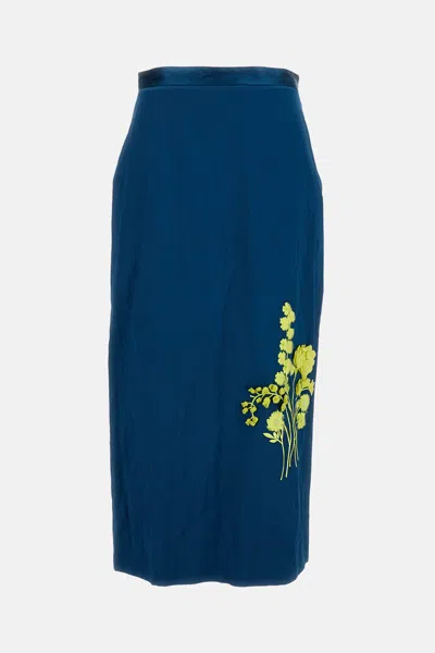 Erdem Gown Pencil Midi Dress In Satin Structured With Embroidery In Blue