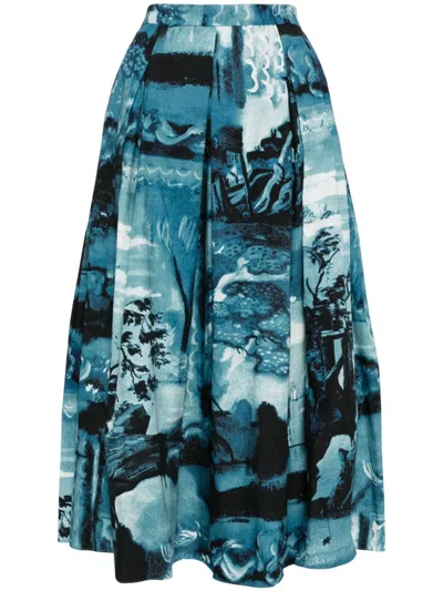 Erdem Graphic Print Pleated Skirt In Blue