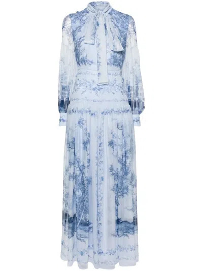 Erdem Graphic-print Silk Dress In 蓝色