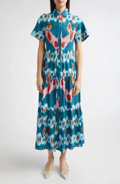 Erdem Ikat Print Tiered Cotton Sateen Midi Shirtdress In Blue