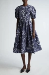 Erdem Ikat Puff Sleeve A-line Midi Dress In Blue