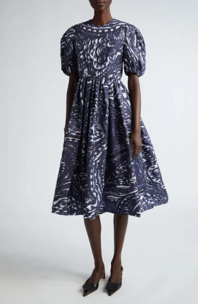 Erdem Ikat Puff Sleeve A-line Midi Dress In Blue