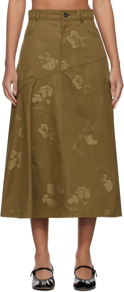 ERDEM KHAKI DRAPE MIDI SKIRT