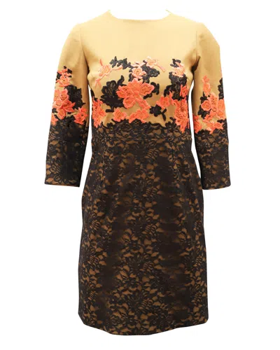 Erdem Lace Embroidered Shift Dress In Tan Linen In Multi