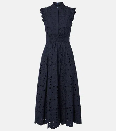 Erdem Scallop Gathered Guipure Lace Midi Dress In Navy