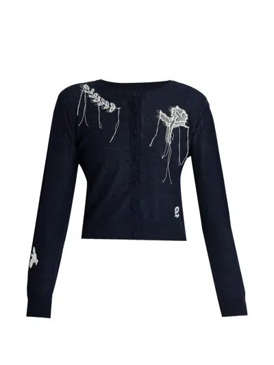 Erdem Lace-appliqué Fine-knit Cardigan In Blue