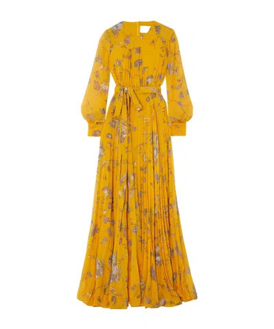 Erdem Lace-up Pleated Printed Dress In Yellow