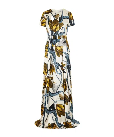 Erdem Belted Printed Satin Gown In Multi