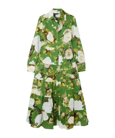 Erdem Tiered Floral-print Cotton-voile Midi Shirt Dress In Green