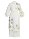 Erdem Womens Botanical Violet White Floral-print Puff-sleeve Linen Midi Dress In White