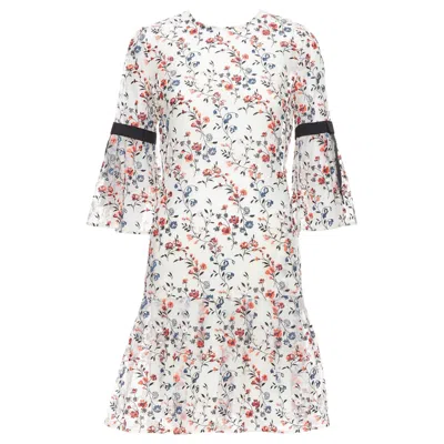 Pre-owned Erdem Lissy 100% Silk White Red Floral Embroidered Pleated Dress Uk8 S