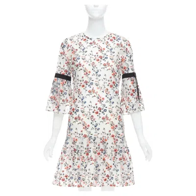 Pre-owned Erdem Lissy 100% Silk White Red Floral Embroidered Pleated Dress Uk8 S
