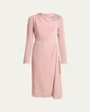 Erdem Long Sleeve Draped Beaded Patch Midi Dress In Dusty Rose