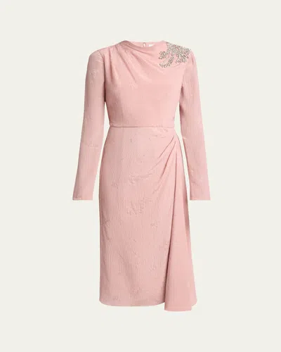 Erdem Long Sleeve Draped Beaded Patch Midi Dress In Dusty Rose