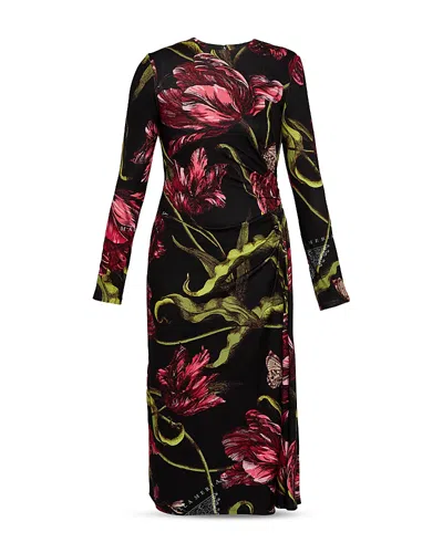 Erdem Long Sleeve Draped Midi Dress In Multi