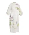 Erdem Womens Botanical Violet White Floral-print Puff-sleeve Linen Midi Dress