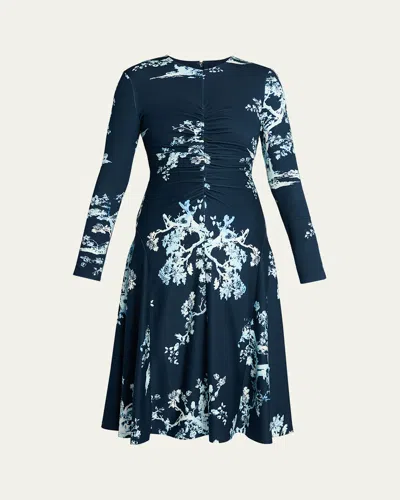 ERDEM LONG-SLEEVE FLORAL DRAPED MIDI DRESS