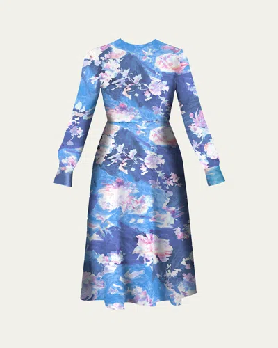 Erdem Long-sleeve Floral Midi Cocktail Dress In Blue