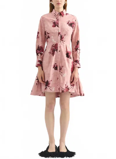 Erdem Long Sleeve Mini Shirt Dress In Rose In Multi