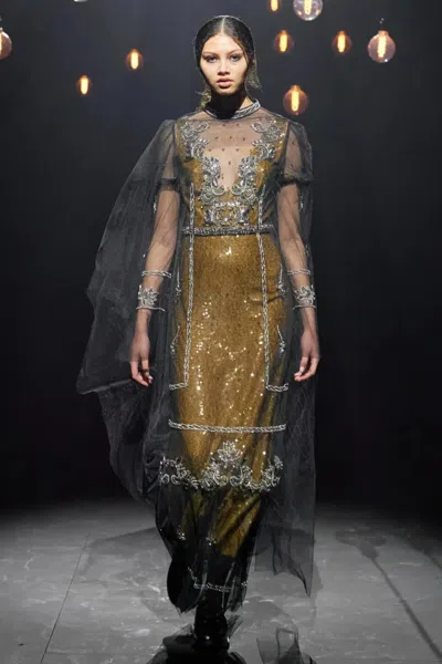 Erdem Long Sleeve Sheer Illusion Gown In Gold