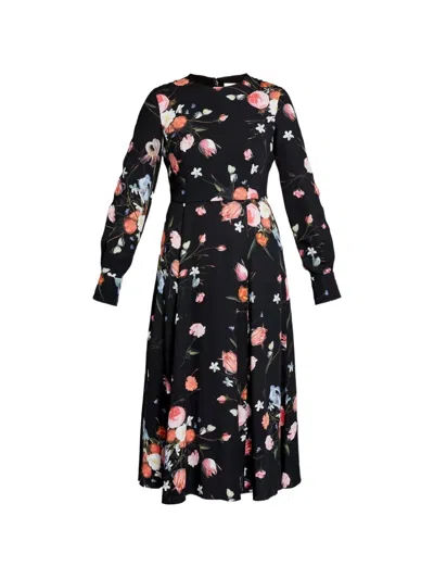 Erdem Long-sleeves Floral-print Midi Dress In Black