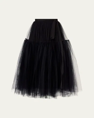 Erdem Grosgrain-trimmed Gathered Tulle Midi Skirt In Black