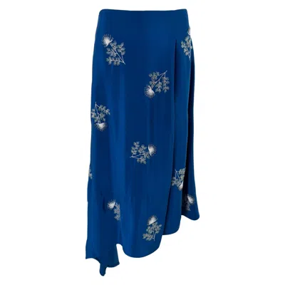 Pre-owned Erdem Marine Blue 100% Silk Beaded Embroidered Floral Asymmetrical Zora Skirt 4