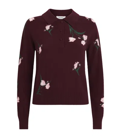 Erdem Merino Wool Floral Polo Sweater In Burgundy