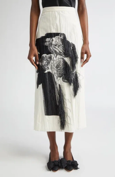 Erdem Metallic Floral Jacquard Fringe Trim Taffeta Pencil Skirt In White