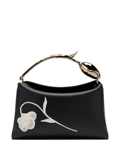 Erdem Midi Bloom Embroidered Leather Tote Bag In Black