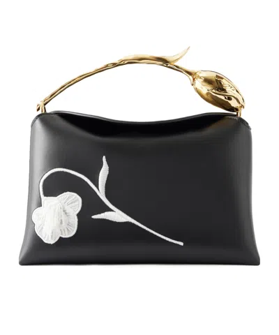 Erdem Midi Bloom Embroidered Leather Tote Bag In Black