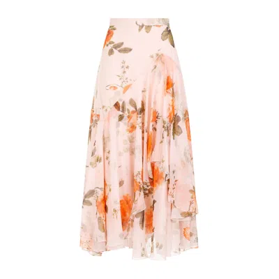 Erdem Shell Pink Silk Midi Skirt With Tiered Frilled Hem