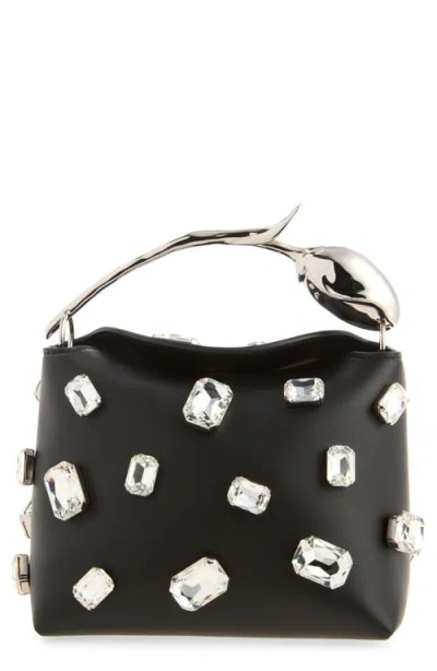 Erdem Mini Bloom Crystal Embellished Leather Handbag In Black