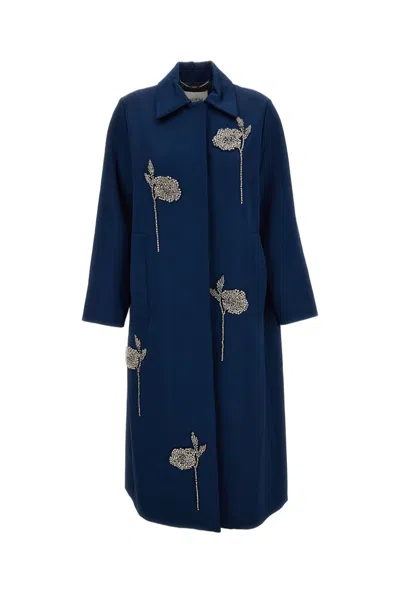 Erdem Navy Blue Embroidered Heavy Satin Cocoon Coat