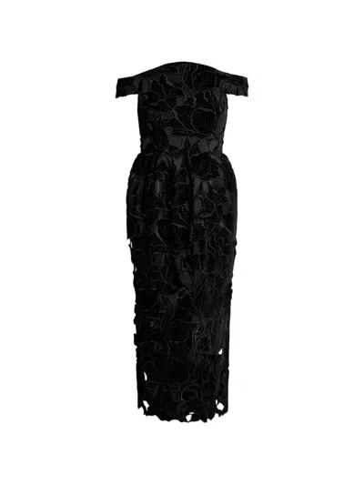 Erdem Off-the-shoulder Embroidered Velvet And Tulle Midi Dress In Black