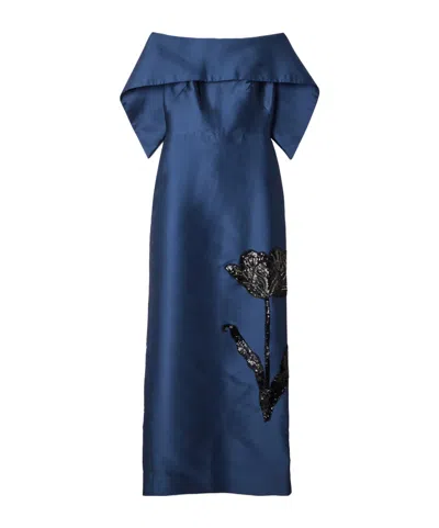 Erdem Off-the-shoulder Embellished Mikado Gown In Blue
