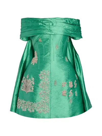 Erdem Off-shoulder Embellished Mini Dress In Green