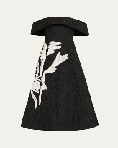 Erdem Off-the-shoulder Embroidered Jacquard Midi Dress In Black