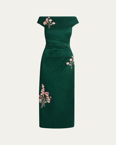 Erdem Off-the-shoulder Embroidered Textured Satin Midi Dress In Forest Green