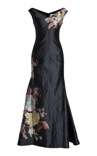 Erdem Off-the-shoulder Textured Satin Gown In Black