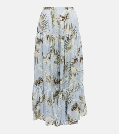 Erdem Olympia Printed Cotton Midi Skirt In Wild Palm Blue