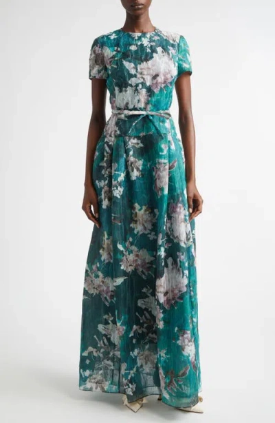 Erdem Painted Floral Crushed Organza Drop Waist Gown In Green