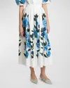 Erdem Gathered Floral-print Cotton-poplin Midi Skirt In White  Blue