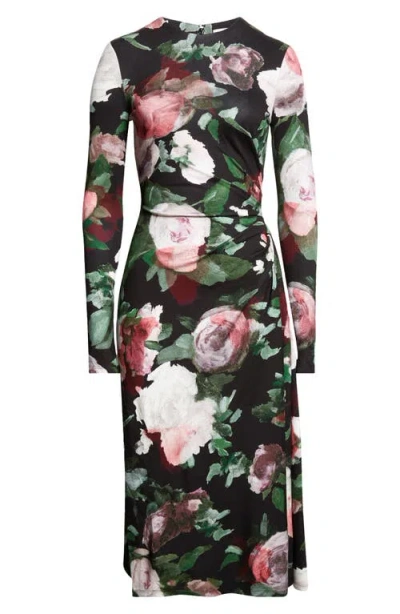 Erdem Painted Rose Draped Long Sleeve Jersey Midi Dress In Black