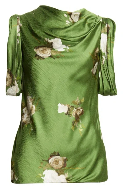 Erdem Painted Rose Print Crinkled Satin Top In Green